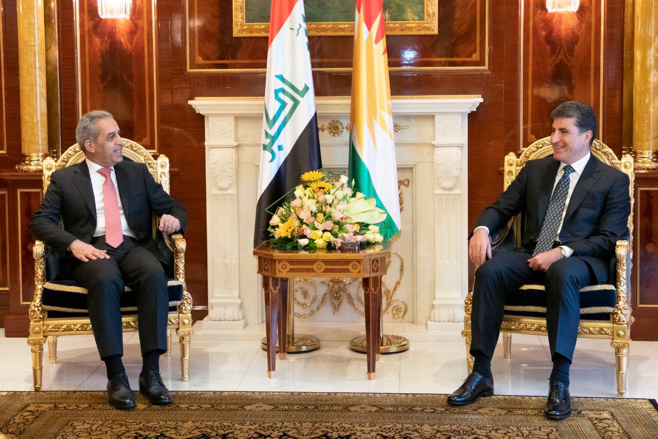 Kurdistan Region President Nechirvan Barzani (right) speaks in Erbil with Faeq Zedan, head of the Iraqi Supreme Judicial Council, Sept. 29, 2020. (Photo: KRG)